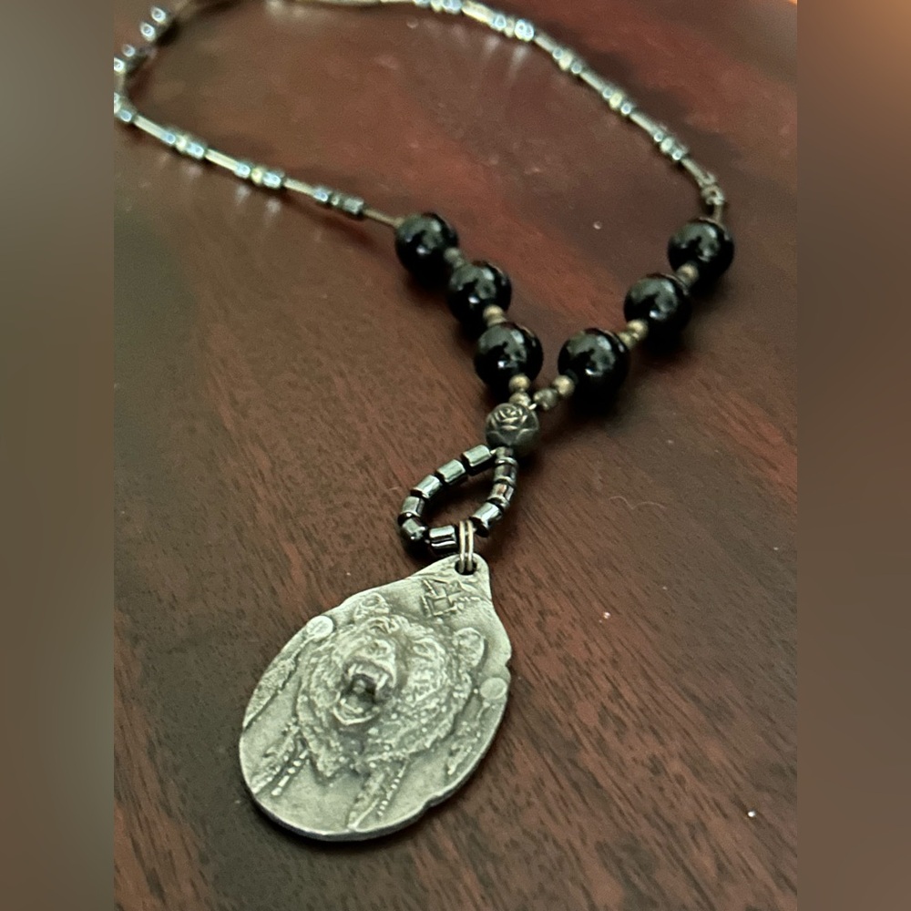 Black obsidian Beaded Necklace with Silver Bear Pendant